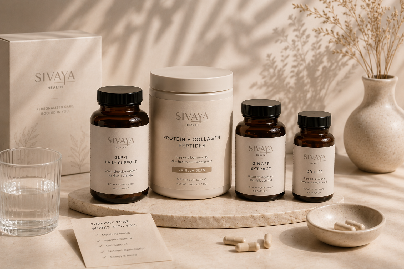 SIVAYA Health branded supplement products including GLP-1 support capsules, protein and collagen peptides, and ginger extract