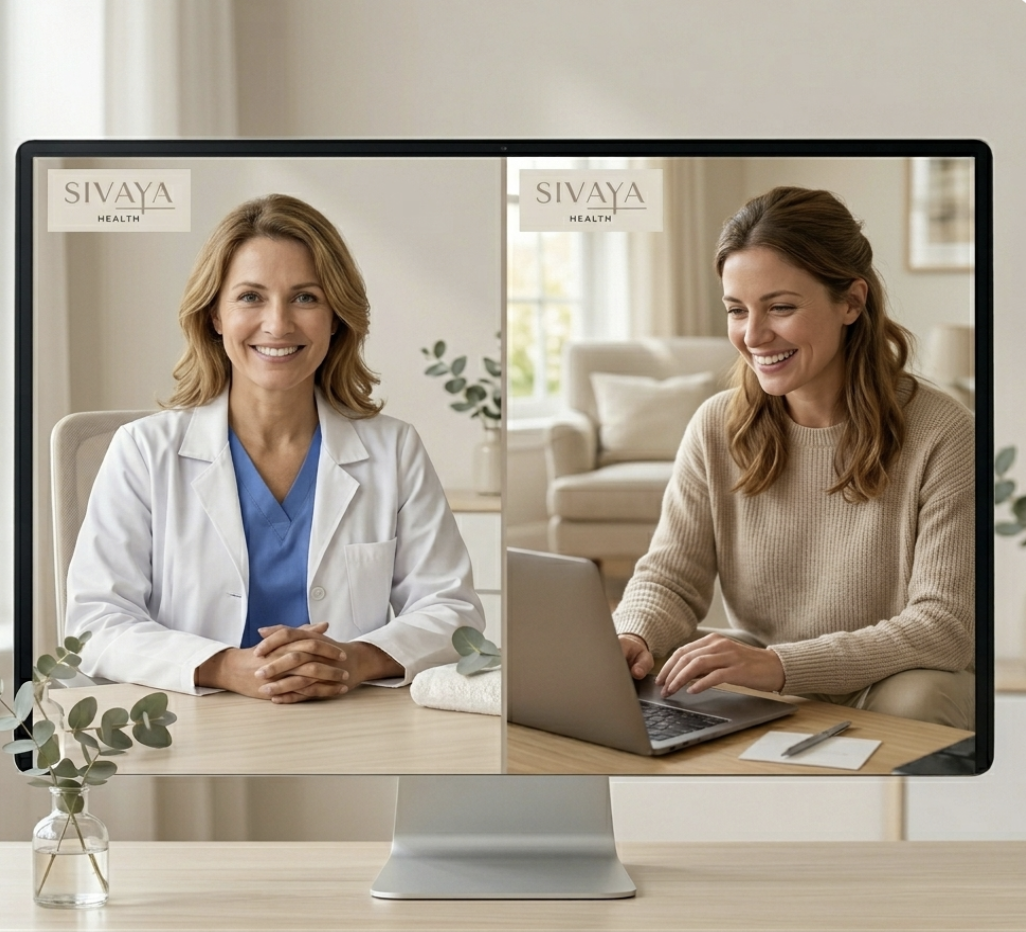 SIVAYA Health telehealth consultation — provider and patient connecting virtually, California